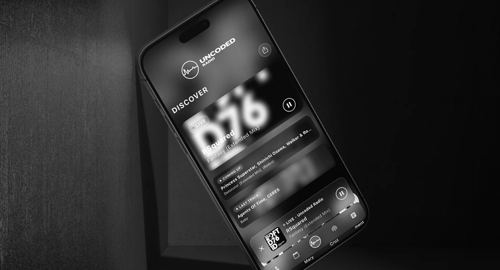 Uncoded Radio mobile app interface displaying live DJ sets and radio shows
